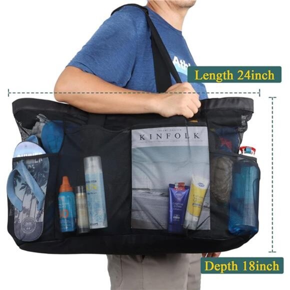 Extra Large Mesh Beach Pool Tote Bag for Family, Sandproof with Zipper - Picture 3 of 8